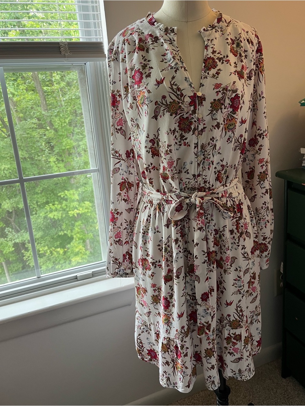 LOFT White Floral Long Sleeve Tie-Waist Dress